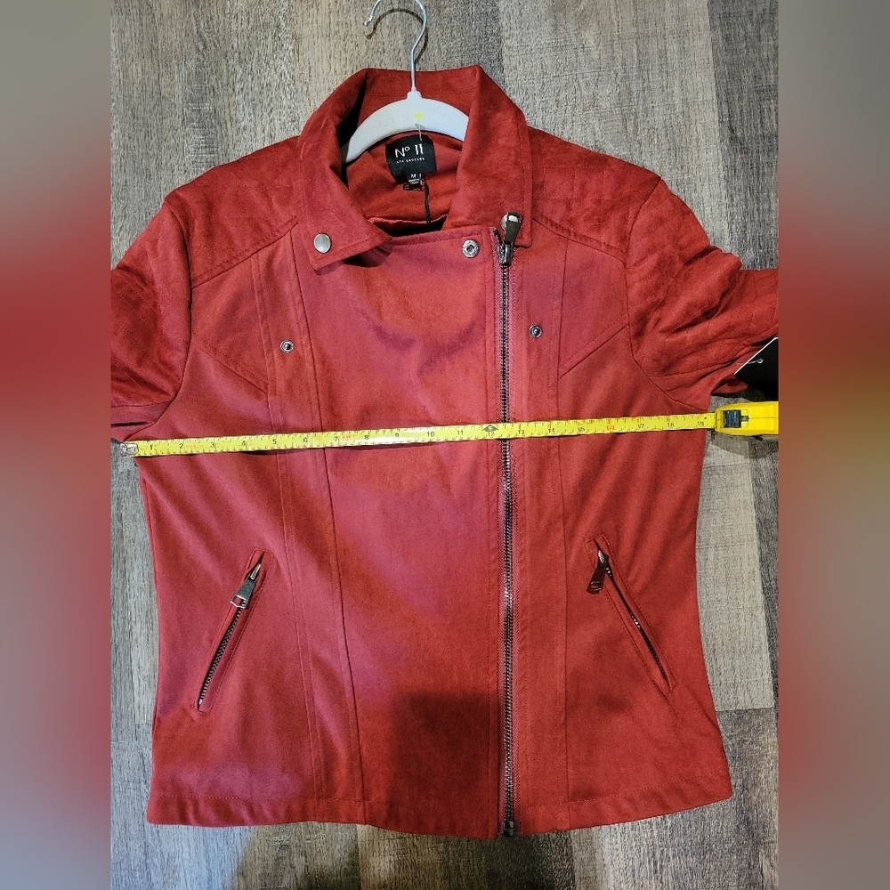 Women's Red Faux Suede Jacket with Quilted Sleeves - Picture 7 of 12